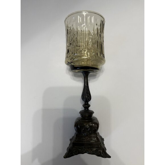 Smoke Tree Bark Brass & Glass Candle Holder Chalice 8 inch Tall 2 5/8 Rim to Rim - Picture 7 of 9